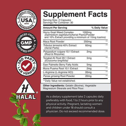 Horny Goat Weed für Männer – Extrastarkes männliches Nahrungsergänzungsmittel mit Schwarzer Maca-Wurzel, Tongkat Ali, Sägepalme & Panax-Ginseng-Extrakt für Ausdauer & Energie – 60 Kapseln