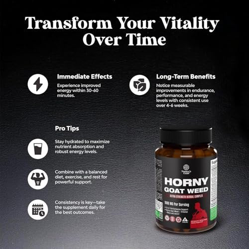 Horny Goat Weed für Männer – Extrastarkes männliches Nahrungsergänzungsmittel mit Schwarzer Maca-Wurzel, Tongkat Ali, Sägepalme & Panax-Ginseng-Extrakt für Ausdauer & Energie – 60 Kapseln