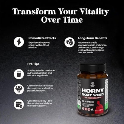 Horny Goat Weed für Männer – Extrastarkes männliches Nahrungsergänzungsmittel mit Schwarzer Maca-Wurzel, Tongkat Ali, Sägepalme & Panax-Ginseng-Extrakt für Ausdauer & Energie – 60 Kapseln
