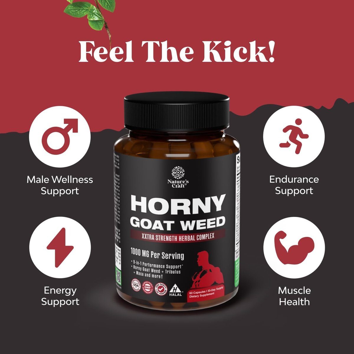 Horny Goat Weed für Männer – Extrastarkes männliches Nahrungsergänzungsmittel mit Schwarzer Maca-Wurzel, Tongkat Ali, Sägepalme & Panax-Ginseng-Extrakt für Ausdauer & Energie – 60 Kapseln