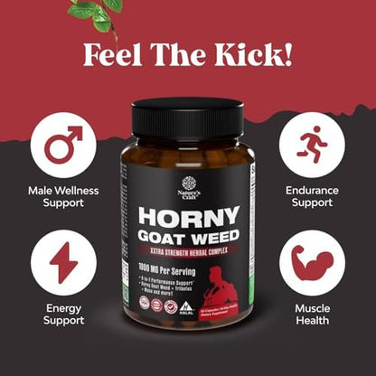 Horny Goat Weed für Männer – Extrastarkes männliches Nahrungsergänzungsmittel mit Schwarzer Maca-Wurzel, Tongkat Ali, Sägepalme & Panax-Ginseng-Extrakt für Ausdauer & Energie – 60 Kapseln