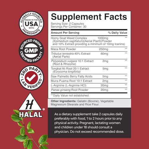 Horny Goat Weed für Männer – Extrastarkes männliches Nahrungsergänzungsmittel mit Schwarzer Maca-Wurzel, Tongkat Ali, Sägepalme & Panax-Ginseng-Extrakt für Ausdauer & Energie – 60 Kapseln