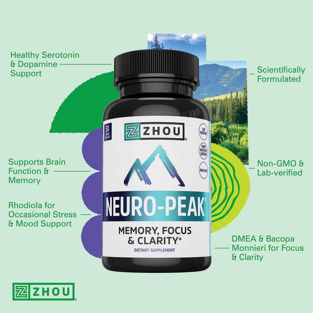 Zhou Neuro-Peak – Gehirn-Nahrungsergänzungsmittel für Gedächtnis und Konzentration, Nootropikum für Männer & Frauen, Gedächtnisvitamine – 30 vegane Kapseln (1 Packung)