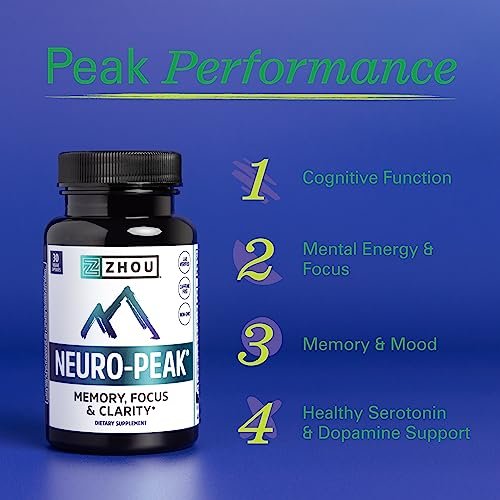 Zhou Neuro-Peak – Gehirn-Nahrungsergänzungsmittel für Gedächtnis und Konzentration, Nootropikum für Männer & Frauen, Gedächtnisvitamine – 30 vegane Kapseln (1 Packung)