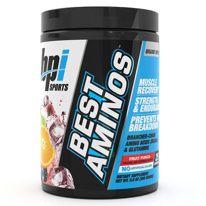 BPI Sports Best Aminos – BCAA-Pulver nach dem Training & Glutamin-Erholungsgetränk mit verzweigtkettigen Aminosäuren für Hydration & Erholung, für Männer & Frauen – Fruchtpunsch – 25 Portionen