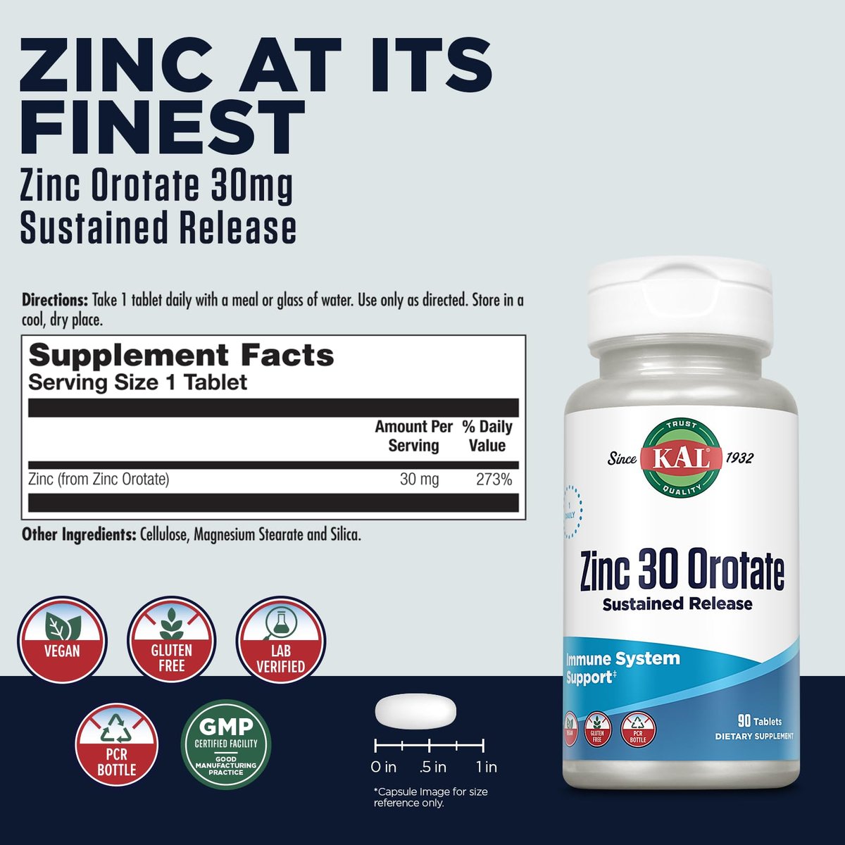 KAL Zinkorotat 30 mg, Retardtabletten, cheliertes Zink, Immunsystem-Unterstützung, vegan, glutenfrei, 90 Tabletten