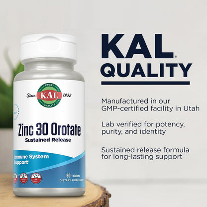 KAL Zinkorotat 30 mg, Retardtabletten, cheliertes Zink, Immunsystem-Unterstützung, vegan, glutenfrei, 90 Tabletten