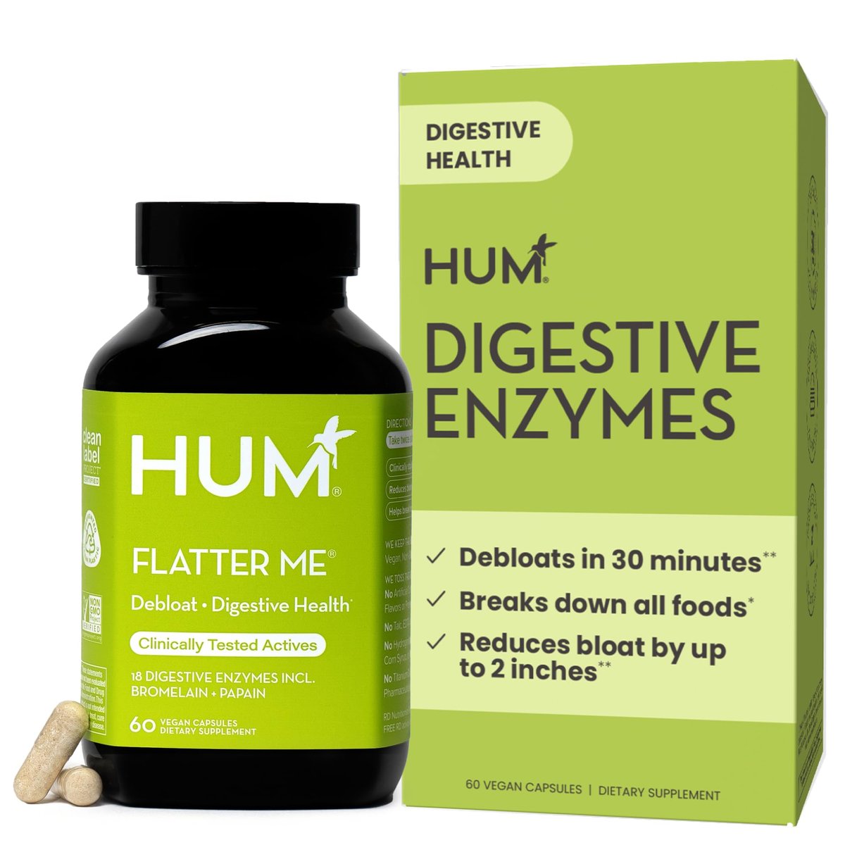 HUM Flatter Me Verdauungsenzyme für Frauen und Männer – Verdauungsgesundheit, Blähungen, mit Ingwer und Pfefferminzblatt, schnelle Anti-Bloat-Pillen, Multi-Enzym, vegan, 60 Kapseln