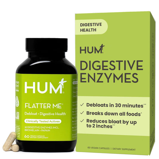 HUM Flatter Me Verdauungsenzyme für Frauen und Männer – Verdauungsgesundheit, Blähungen, mit Ingwer und Pfefferminzblatt, schnelle Anti-Bloat-Pillen, Multi-Enzym, vegan, 60 Kapseln