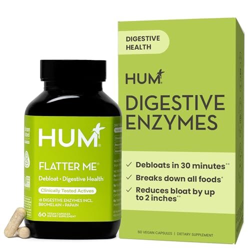 HUM Flatter Me Verdauungsenzyme für Frauen und Männer – Verdauungsgesundheit, Blähungen, mit Ingwer und Pfefferminzblatt, schnelle Anti-Bloat-Pillen, Multi-Enzym, vegan, 60 Kapseln
