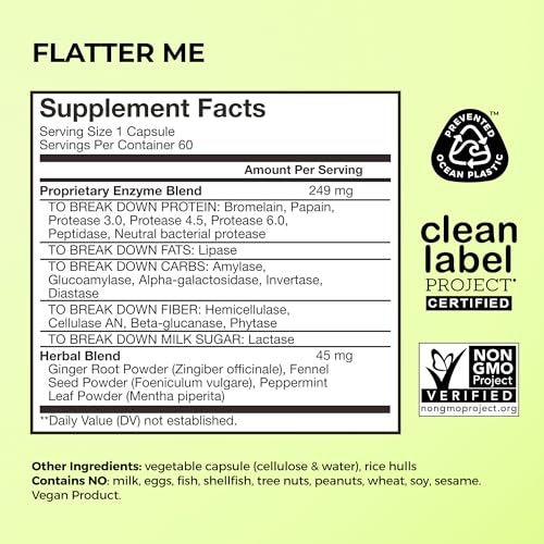 HUM Flatter Me Verdauungsenzyme für Frauen und Männer – Verdauungsgesundheit, Blähungen, mit Ingwer und Pfefferminzblatt, schnelle Anti-Bloat-Pillen, Multi-Enzym, vegan, 60 Kapseln