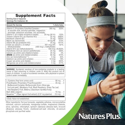 NaturesPlus Hema-Plex Eisen – 60 Kapseln mit 85 mg cheliertem Eisen, Vitamin C & Bioflavonoiden – Vegan & Glutenfrei