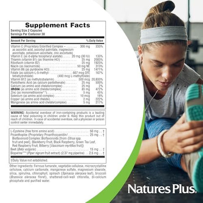 NaturesPlus Hema-Plex Eisen – 60 Kapseln mit 85 mg cheliertem Eisen, Vitamin C & Bioflavonoiden – Vegan & Glutenfrei