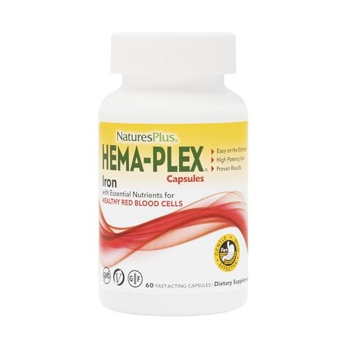 NaturesPlus Hema-Plex Eisen – 60 Kapseln mit 85 mg cheliertem Eisen, Vitamin C & Bioflavonoiden – Vegan & Glutenfrei