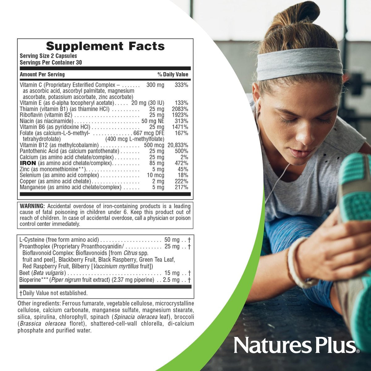 NaturesPlus Hema-Plex Eisen – 60 Kapseln mit 85 mg cheliertem Eisen, Vitamin C & Bioflavonoiden – Vegan & Glutenfrei