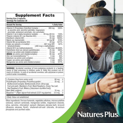 NaturesPlus Hema-Plex Eisen – 60 Kapseln mit 85 mg cheliertem Eisen, Vitamin C & Bioflavonoiden – Vegan & Glutenfrei