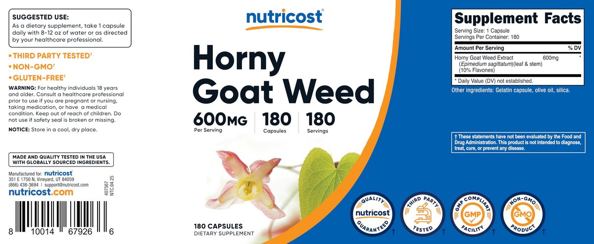 Nutricost Horny Goat Weed Extrakt (Epimedium) - 180 Kapseln, 180 Portionen, 600 mg pro Kapsel