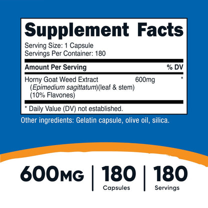 Nutricost Horny Goat Weed Extrakt (Epimedium) - 180 Kapseln, 180 Portionen, 600 mg pro Kapsel