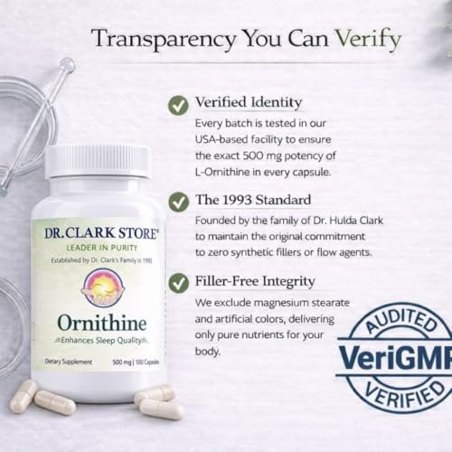 Dr Clark Ornithin Nahrungsergänzungsmittel – Glutenfrei, natürlicher Schlafhelfer, fördert den Proteinstoffwechsel, Reinigung und Entgiftung, 500 mg, 100 Gelatinekapseln