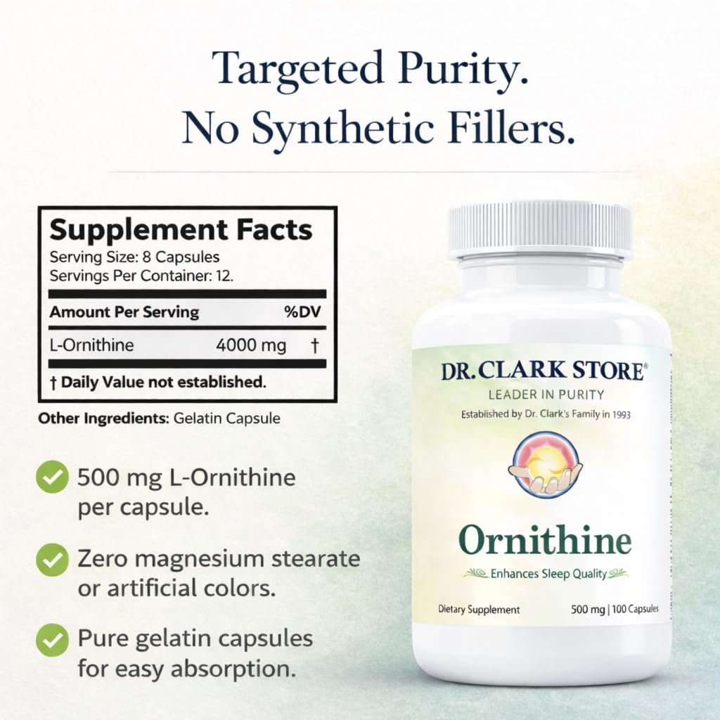 Dr Clark Ornithin Nahrungsergänzungsmittel – Glutenfrei, natürlicher Schlafhelfer, fördert den Proteinstoffwechsel, Reinigung und Entgiftung, 500 mg, 100 Gelatinekapseln