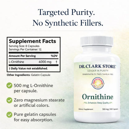 Dr Clark Ornithin Nahrungsergänzungsmittel – Glutenfrei, natürlicher Schlafhelfer, fördert den Proteinstoffwechsel, Reinigung und Entgiftung, 500 mg, 100 Gelatinekapseln