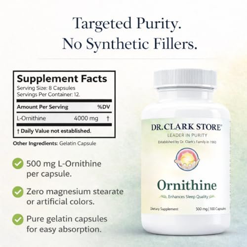 Dr Clark Ornithin Nahrungsergänzungsmittel – Glutenfrei, natürlicher Schlafhelfer, fördert den Proteinstoffwechsel, Reinigung und Entgiftung, 500 mg, 100 Gelatinekapseln