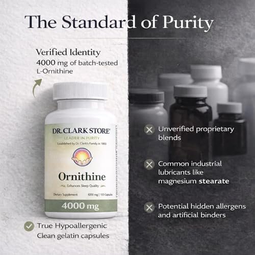 Dr Clark Ornithin Nahrungsergänzungsmittel – Glutenfrei, natürlicher Schlafhelfer, fördert den Proteinstoffwechsel, Reinigung und Entgiftung, 500 mg, 100 Gelatinekapseln