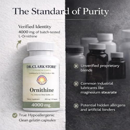 Dr Clark Ornithin Nahrungsergänzungsmittel – Glutenfrei, natürlicher Schlafhelfer, fördert den Proteinstoffwechsel, Reinigung und Entgiftung, 500 mg, 100 Gelatinekapseln