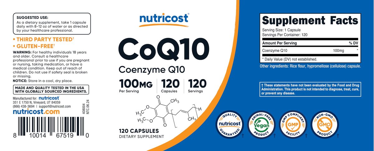 Nutricost CoQ10 100mg, 120 vegane Kapseln, 120 Portionen – hochabsorbierbares, vegetarisches, nicht-GVO Coenzym Q10