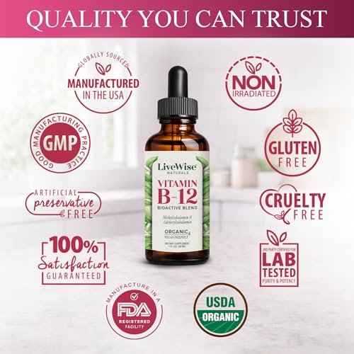 Organisches Vitamin B12 1000 mcg Sublingual Flüssig – Methylcobalamin & Adenosylcobalamin – 6 Monate Vorrat – Vegan, Non-GMO, Ohne Geschmack – Für Energie, Klarheit & Fokus