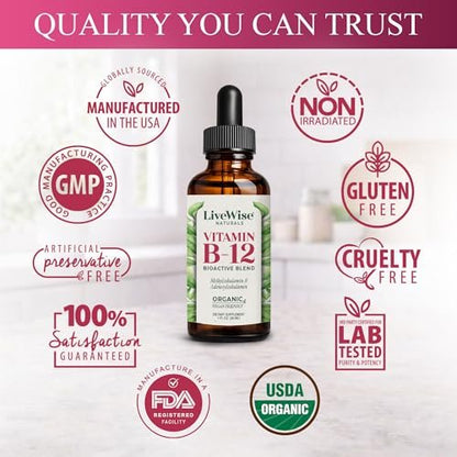 Organisches Vitamin B12 1000 mcg Sublingual Flüssig – Methylcobalamin & Adenosylcobalamin – 6 Monate Vorrat – Vegan, Non-GMO, Ohne Geschmack – Für Energie, Klarheit & Fokus
