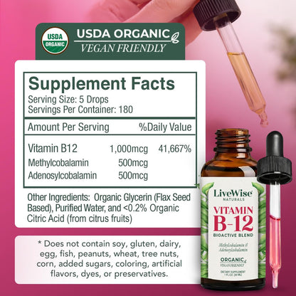 Organisches Vitamin B12 1000 mcg Sublingual Flüssig – Methylcobalamin & Adenosylcobalamin – 6 Monate Vorrat – Vegan, Non-GMO, Ohne Geschmack – Für Energie, Klarheit & Fokus