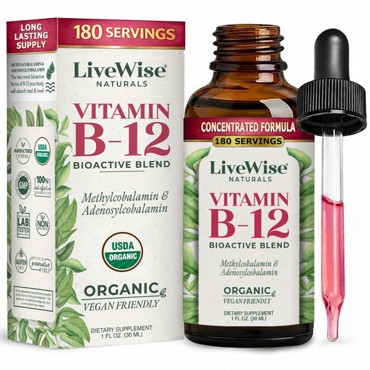 Organisches Vitamin B12 1000 mcg Sublingual Flüssig – Methylcobalamin & Adenosylcobalamin – 6 Monate Vorrat – Vegan, Non-GMO, Ohne Geschmack – Für Energie, Klarheit & Fokus