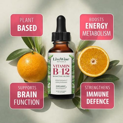 Organisches Vitamin B12 1000 mcg Sublingual Flüssig – Methylcobalamin & Adenosylcobalamin – 6 Monate Vorrat – Vegan, Non-GMO, Ohne Geschmack – Für Energie, Klarheit & Fokus