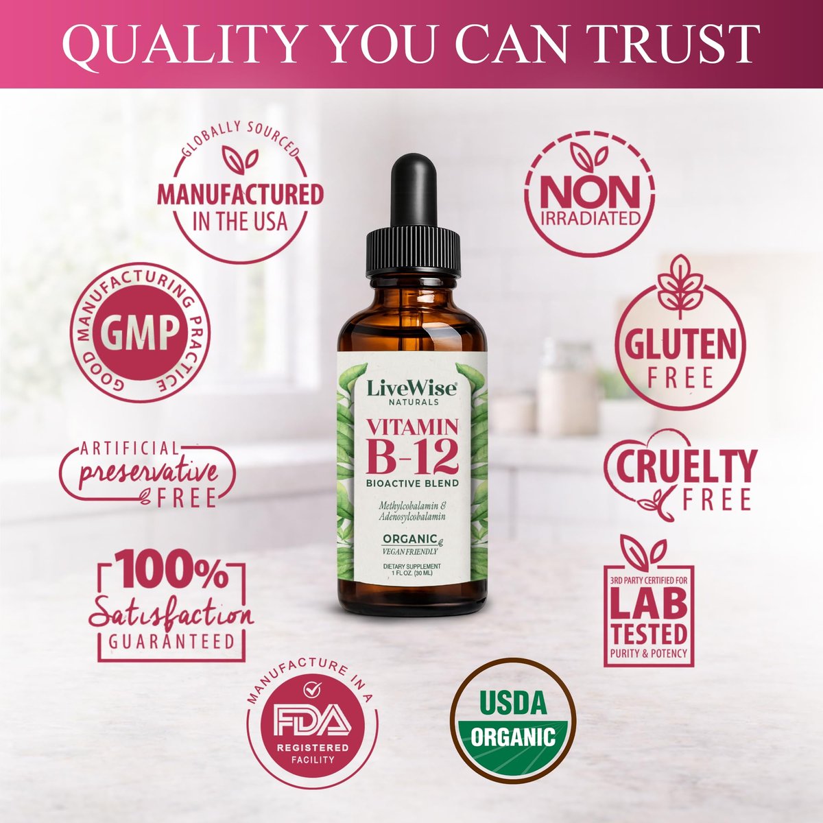 Organisches Vitamin B12 1000 mcg Sublingual Flüssig – Methylcobalamin & Adenosylcobalamin – 6 Monate Vorrat – Vegan, Non-GMO, Ohne Geschmack – Für Energie, Klarheit & Fokus