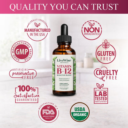 Organisches Vitamin B12 1000 mcg Sublingual Flüssig – Methylcobalamin & Adenosylcobalamin – 6 Monate Vorrat – Vegan, Non-GMO, Ohne Geschmack – Für Energie, Klarheit & Fokus
