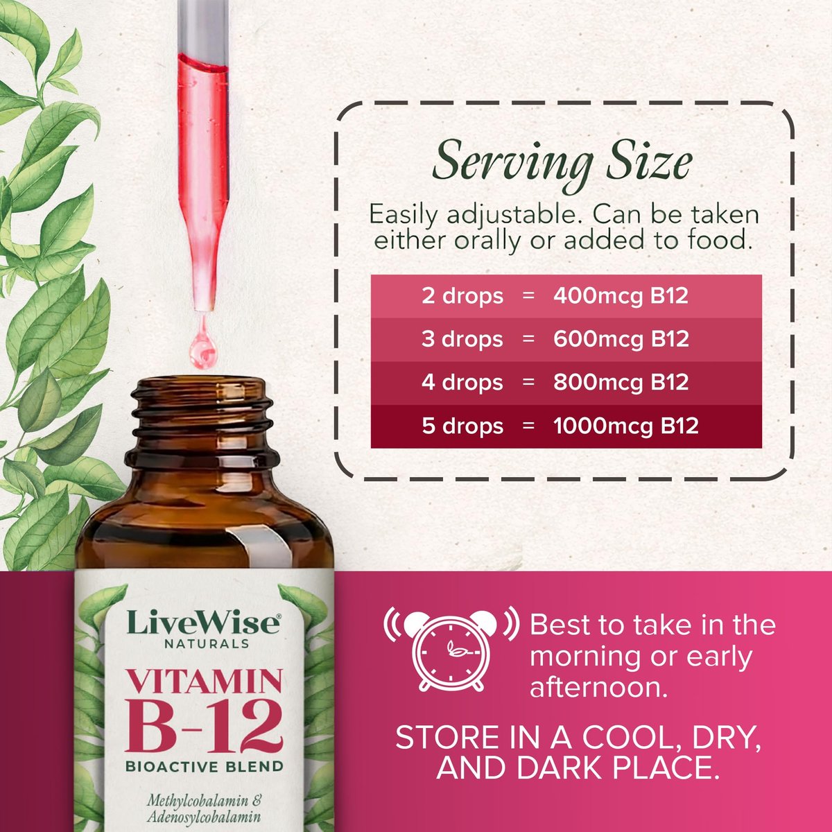Organisches Vitamin B12 1000 mcg Sublingual Flüssig – Methylcobalamin & Adenosylcobalamin – 6 Monate Vorrat – Vegan, Non-GMO, Ohne Geschmack – Für Energie, Klarheit & Fokus