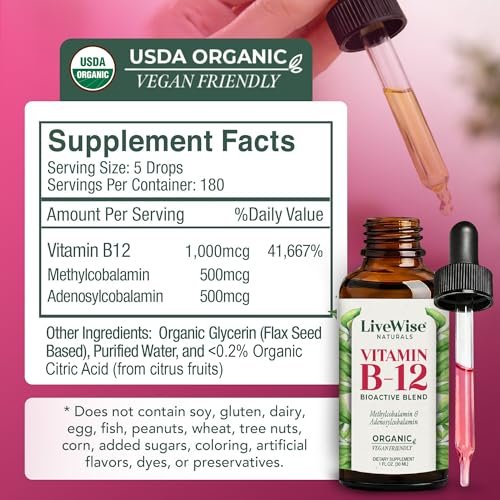 Organisches Vitamin B12 1000 mcg Sublingual Flüssig – Methylcobalamin & Adenosylcobalamin – 6 Monate Vorrat – Vegan, Non-GMO, Ohne Geschmack – Für Energie, Klarheit & Fokus