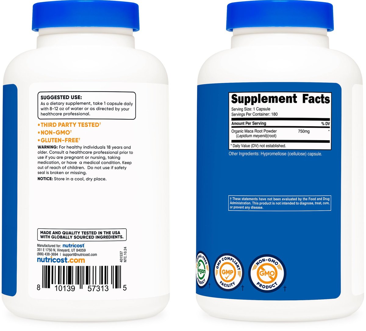 Nutricost Maca Kapseln (Lepidium meyenii) 750mg, 180 Kapseln, 180 Portionen
