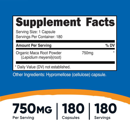 Nutricost Maca Kapseln (Lepidium meyenii) 750mg, 180 Kapseln, 180 Portionen