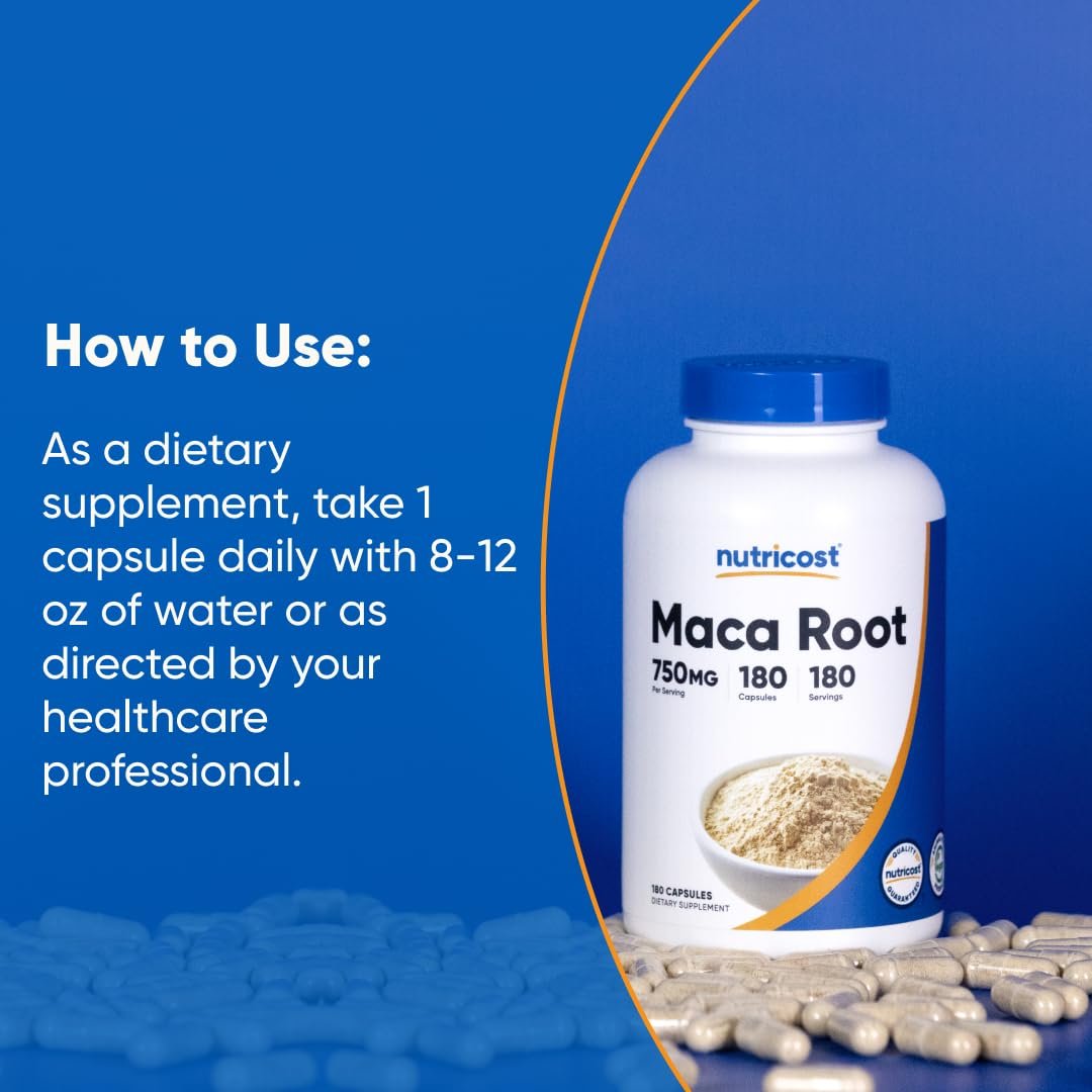 Nutricost Maca Kapseln (Lepidium meyenii) 750mg, 180 Kapseln, 180 Portionen