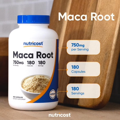 Nutricost Maca Kapseln (Lepidium meyenii) 750mg, 180 Kapseln, 180 Portionen
