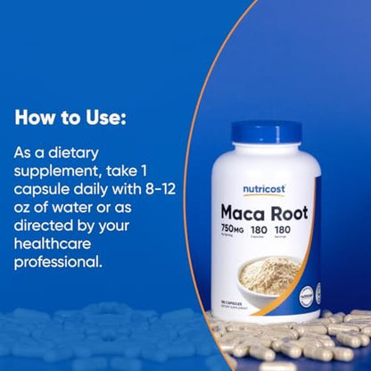 Nutricost Maca Kapseln (Lepidium meyenii) 750mg, 180 Kapseln, 180 Portionen
