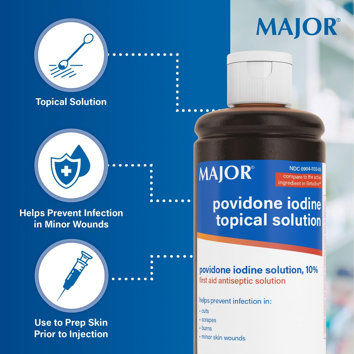 Major 10% Povidon-Iod-Lösung, USP – Topisches Antiseptikum für Schnitte, Schürfwunden, Verbrennungen und kleine Hautwunden – 240 ml