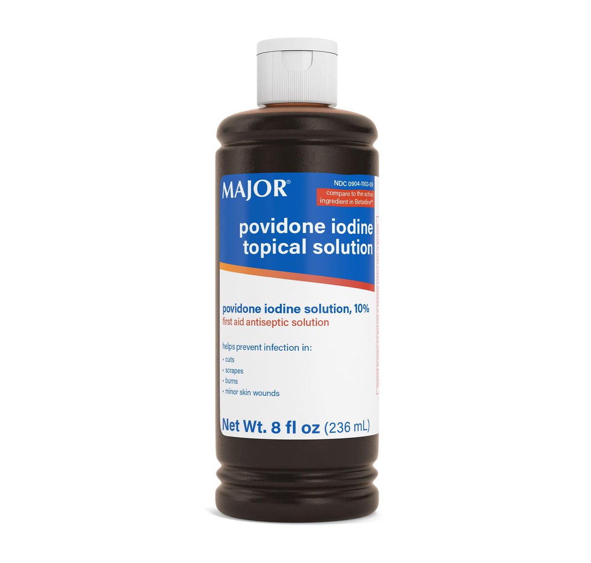Major 10% Povidon-Iod-Lösung, USP – Topisches Antiseptikum für Schnitte, Schürfwunden, Verbrennungen und kleine Hautwunden – 240 ml