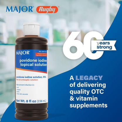 Major 10% Povidon-Iod-Lösung, USP – Topisches Antiseptikum für Schnitte, Schürfwunden, Verbrennungen und kleine Hautwunden – 240 ml