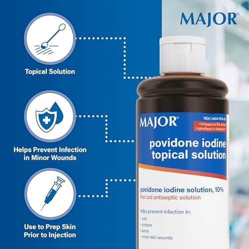 Major 10% Povidon-Iod-Lösung, USP – Topisches Antiseptikum für Schnitte, Schürfwunden, Verbrennungen und kleine Hautwunden – 240 ml