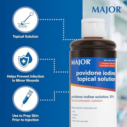 Major 10% Povidon-Iod-Lösung, USP – Topisches Antiseptikum für Schnitte, Schürfwunden, Verbrennungen und kleine Hautwunden – 240 ml