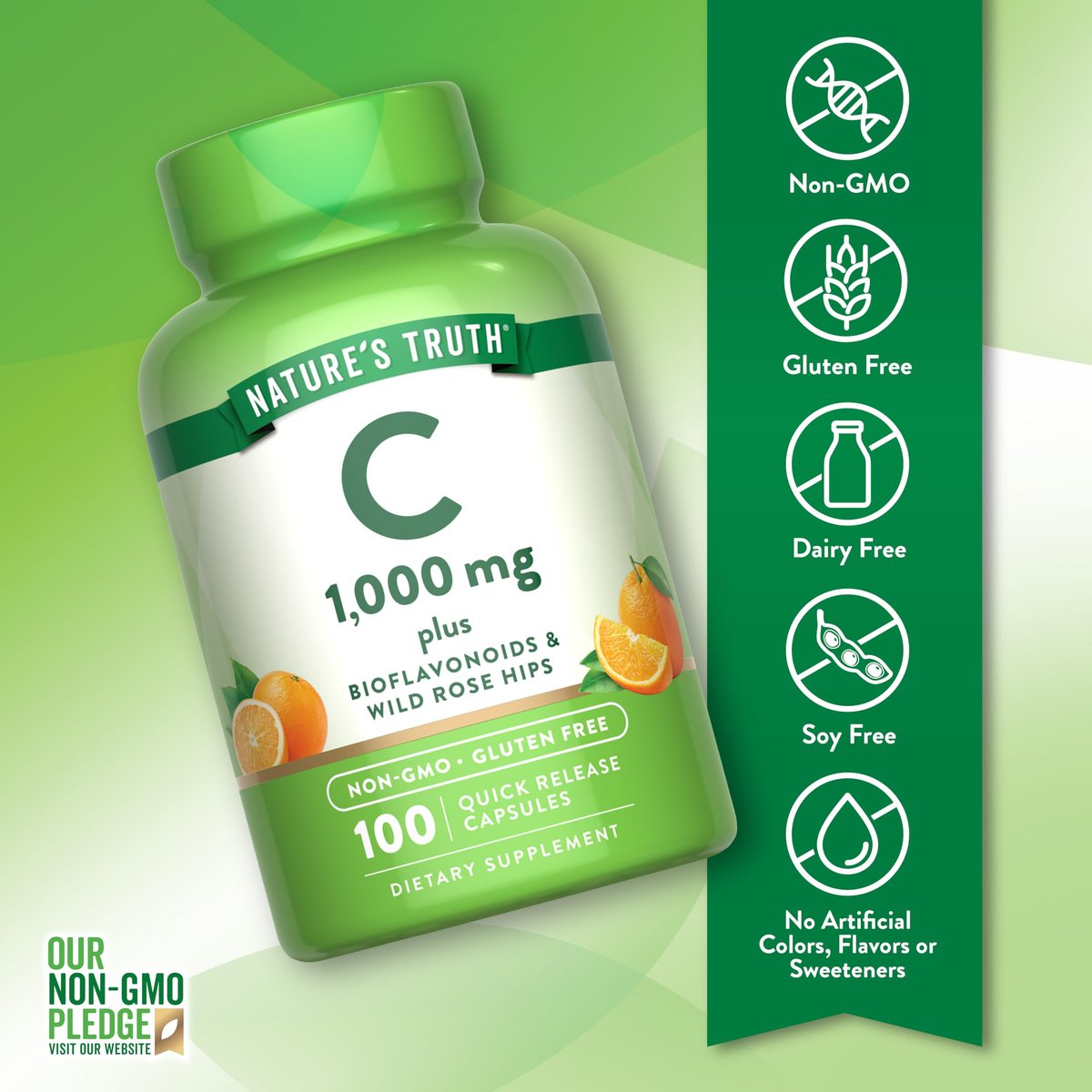 Nature's Truth Vitamin C 1000 mg mit Hagebutte & Bioflavonoiden – 100 Kapseln, Non-GMO & Glutenfrei
