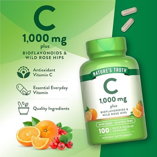 Nature's Truth Vitamin C 1000 mg mit Hagebutte & Bioflavonoiden – 100 Kapseln, Non-GMO & Glutenfrei